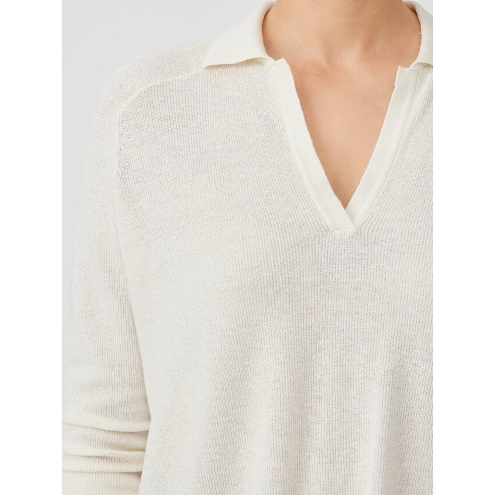 Eileen Fisher Linen Crepe Stretch Top Boxy Ivory Cream Classic Collar Texture M - Picture 5 of 16